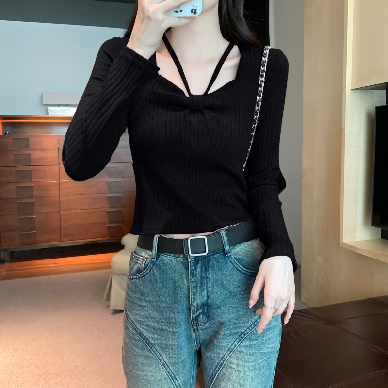 Slim hollow T-shirt square collar tops for women