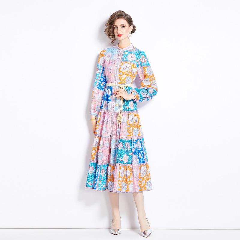 Retro mixed colors cstand collar spring national style dress
