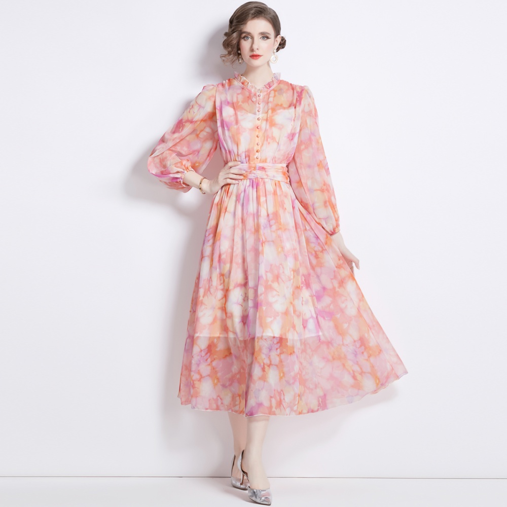 Niche France style floral long dress lace printing dress