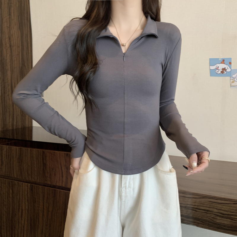 Slim zip tops pure cotton spring T-shirt for women