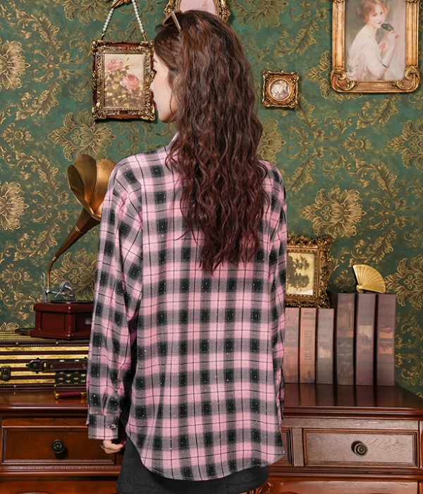 Rhinestone niche shirt long sleeve plaid tops for women