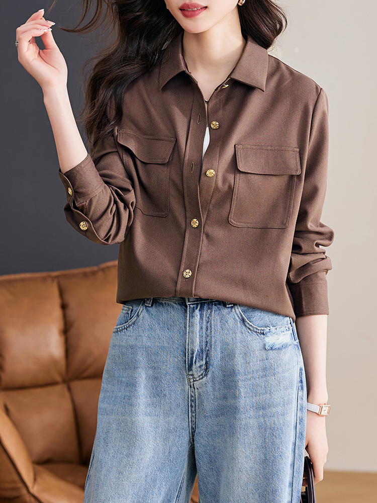 Long sleeve spring pointed collar double pocket shirt for women