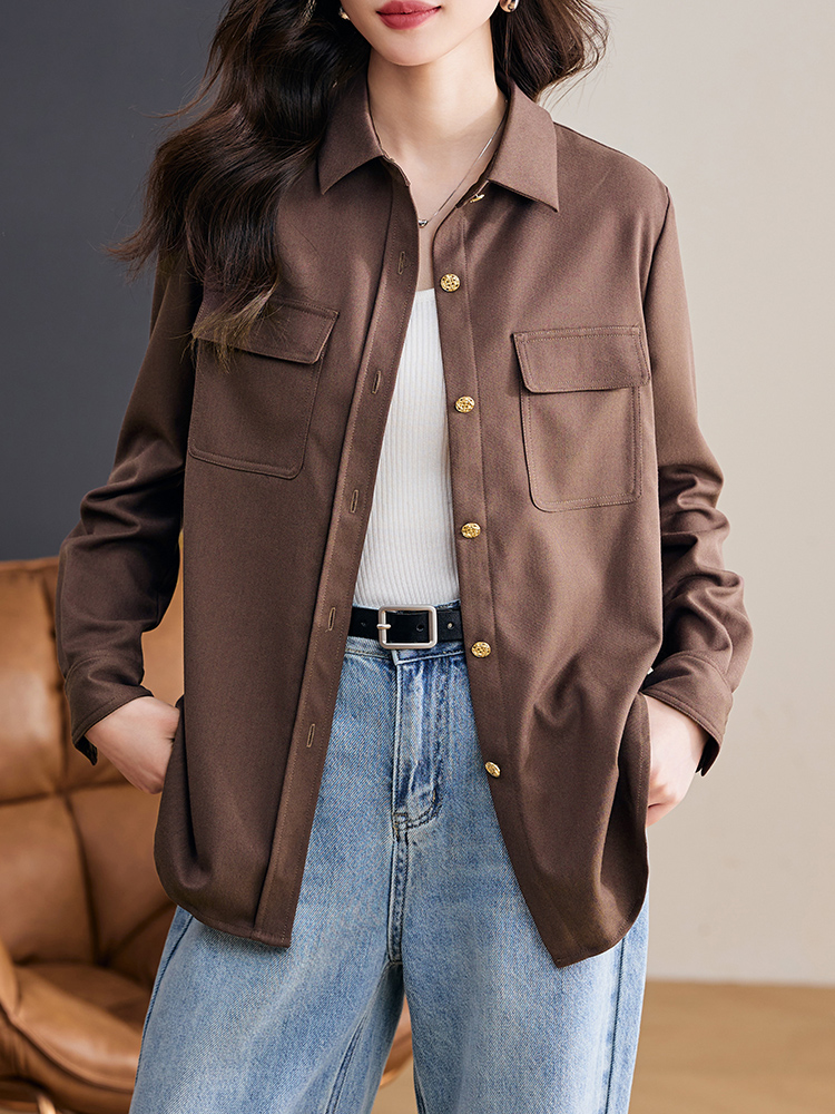 Long sleeve spring pointed collar double pocket shirt for women
