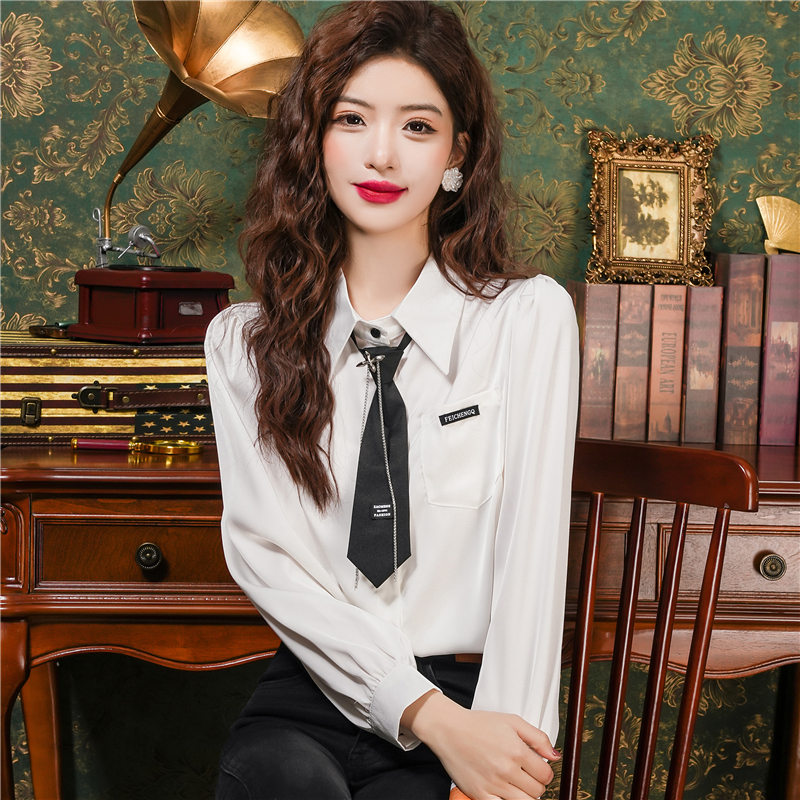 Loose long sleeve lapel tops with tie niche shirt for women
