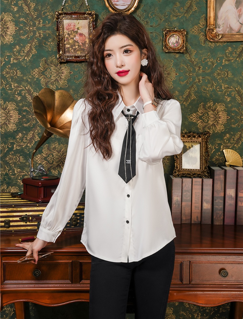 Loose long sleeve lapel tops with tie niche shirt for women