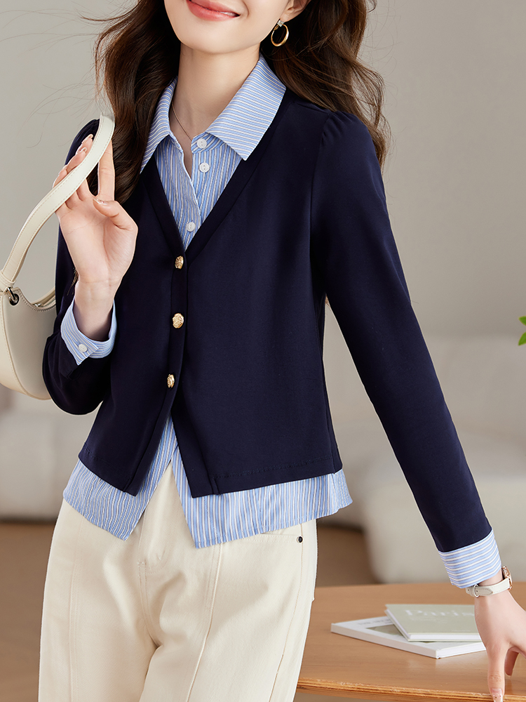 Pseudo-two spring tops shirt collar stripe hoodie