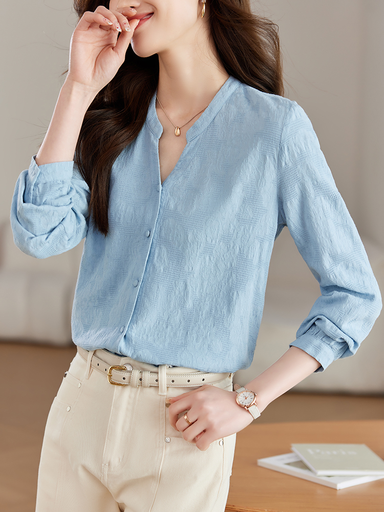 Spring jacquard blue shirt V-neck pure cotton small shirt