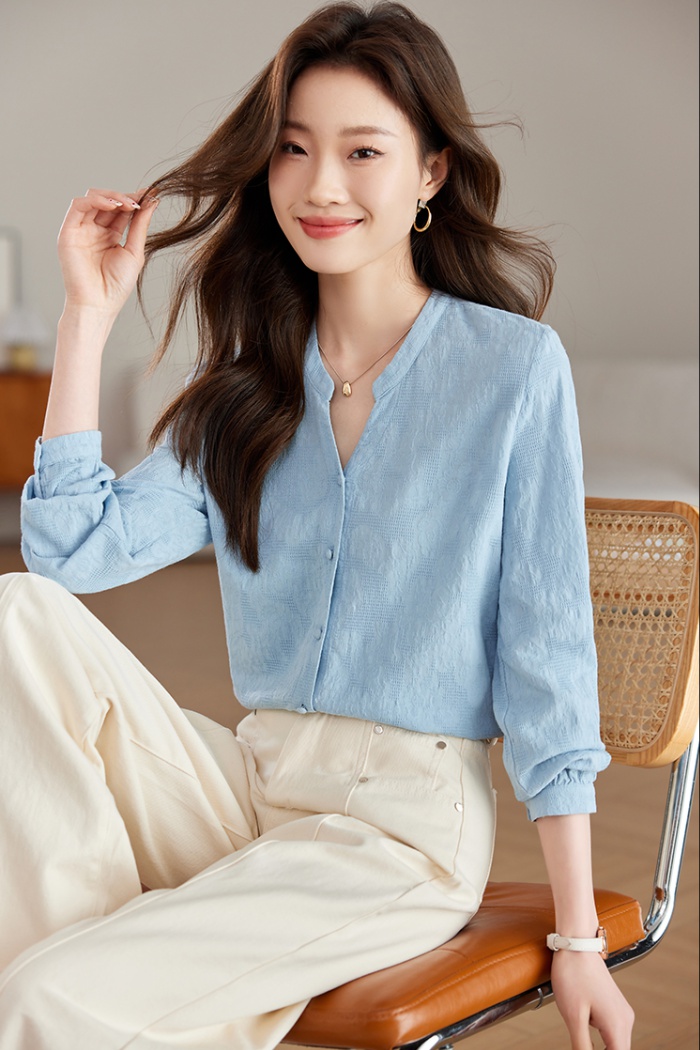 Spring jacquard blue shirt V-neck pure cotton small shirt