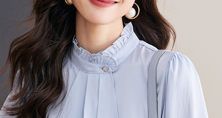 Wood ear tops cstand collar chiffon shirt for women