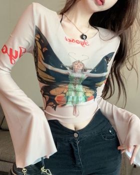 Printing gauze T-shirt spring portrait tops for women