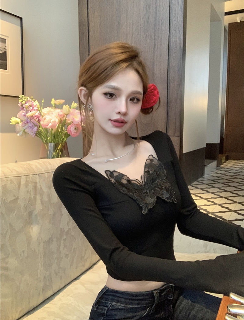 Butterfly embroidery T-shirt sexy tops for women