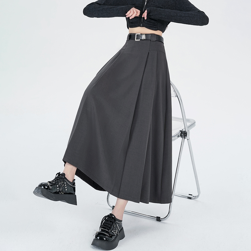 Spring gray long skirt A-line high waist skirt for women