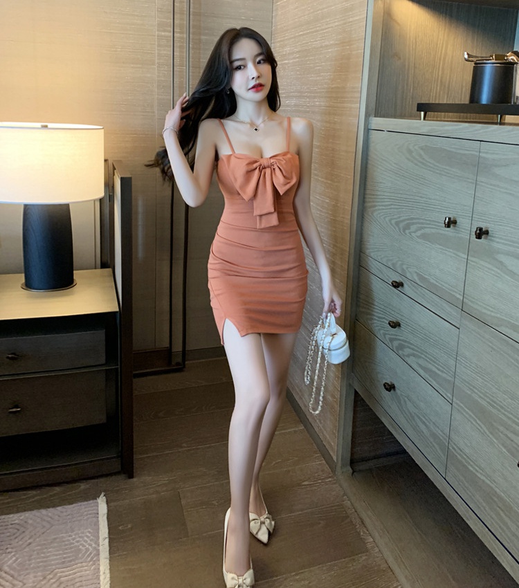 Package hip low-cut sling sexy temperament bow dress
