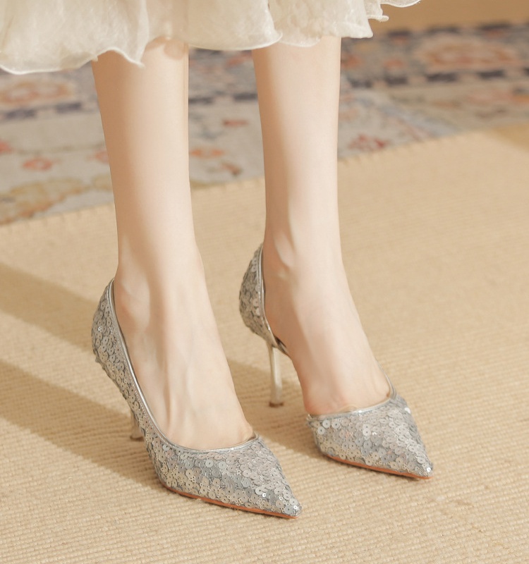 Spring sequins high-heeled shoes fine-root sheepskin shoes