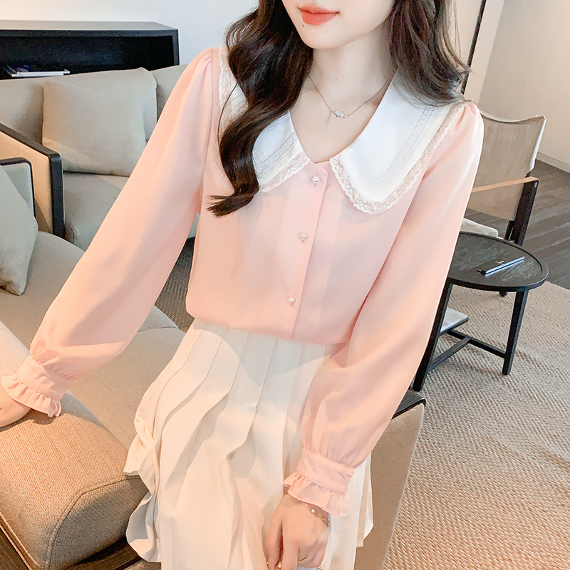 Western style unique tops spring pink bottoming shirt for women