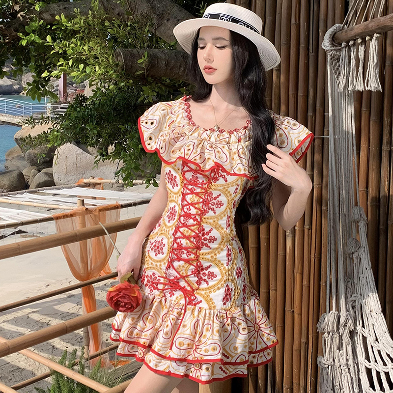 Seaside waist straps dress vacation embroidery T-back