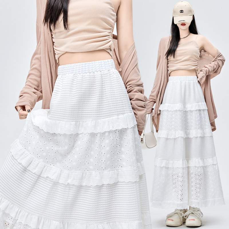 Tender crochet spring skirt white A-line long skirt for women