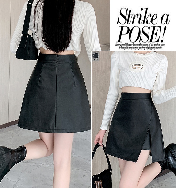PU package hip irregular fashion high waist A-line skirt