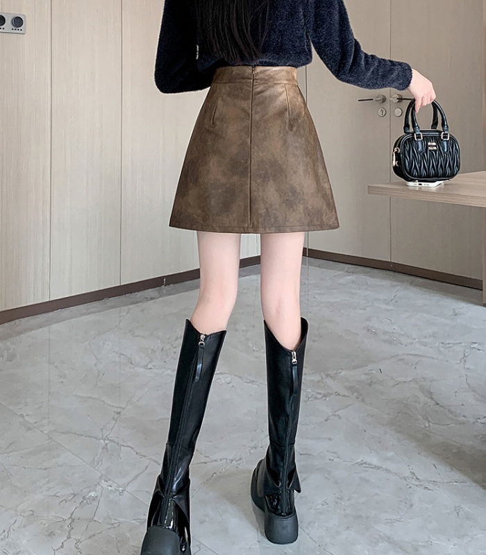 PU package hip irregular fashion high waist A-line skirt