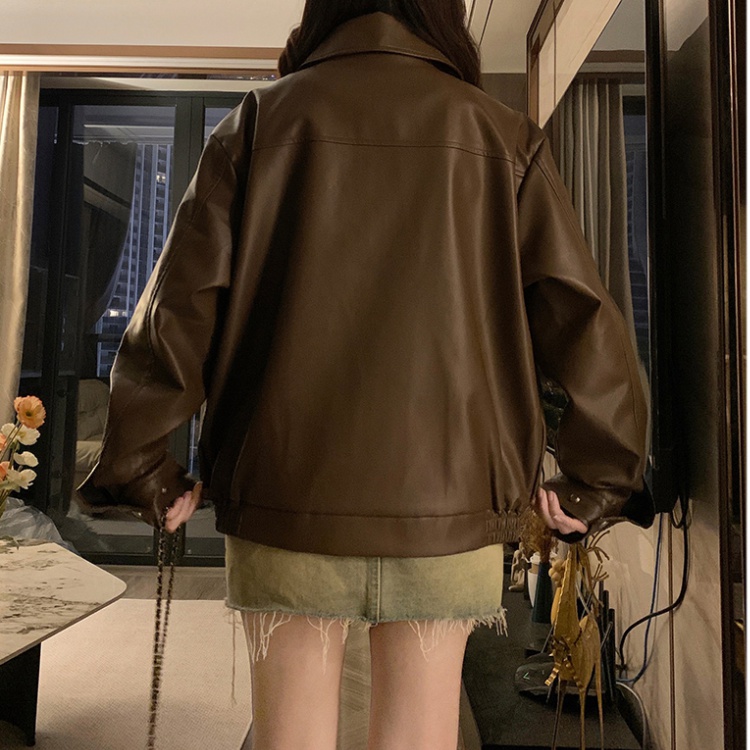 Casual brown PU coat retro niche American style jacket