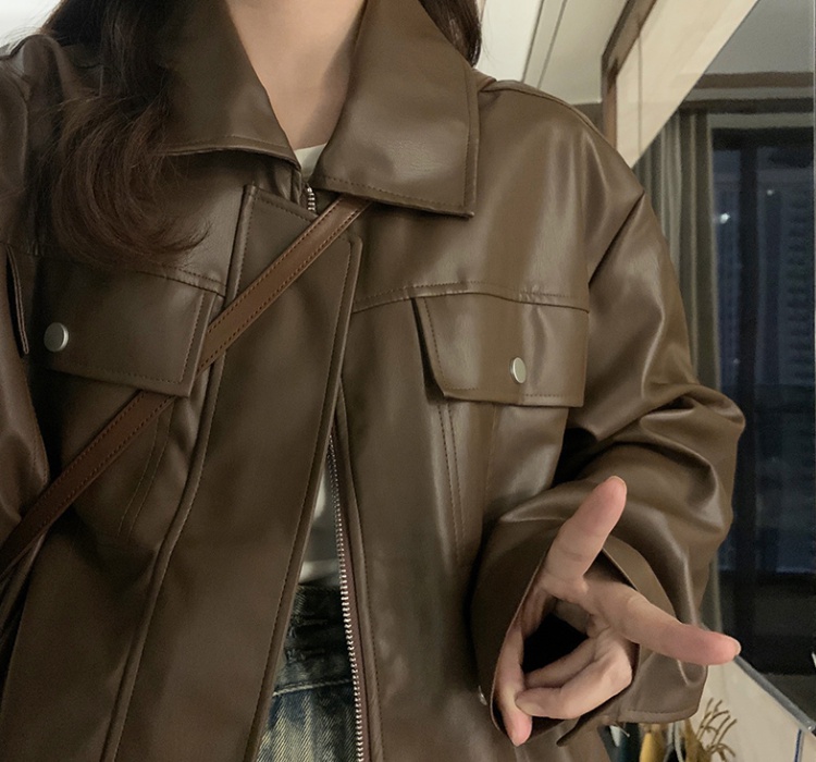 Casual brown PU coat retro niche American style jacket