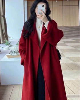 Spring red woolen coat loose woolen overcoat for women