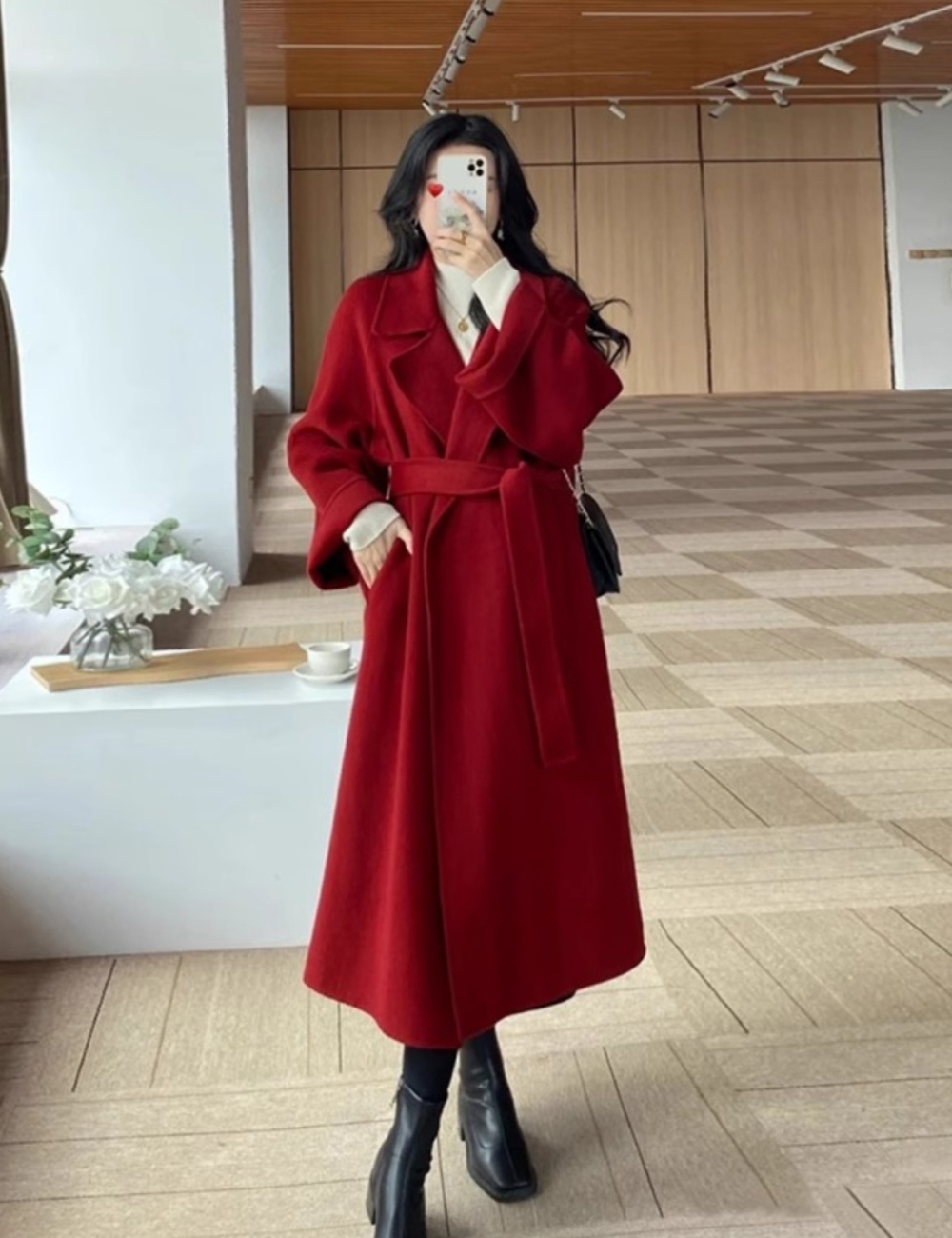 Spring red woolen coat loose woolen overcoat for women