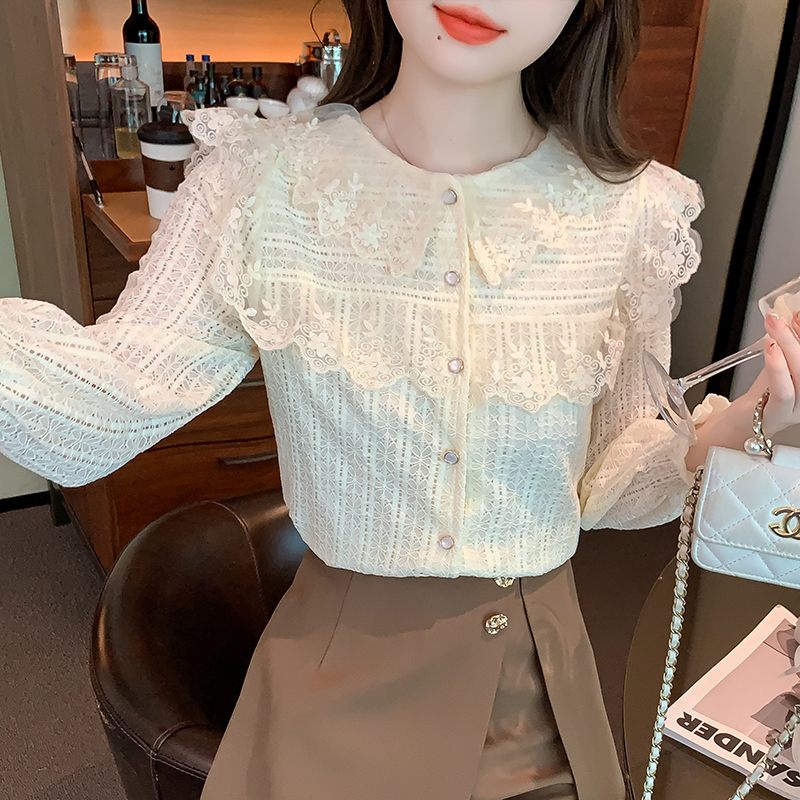 Long sleeve court style tops all-match lace shirt for women