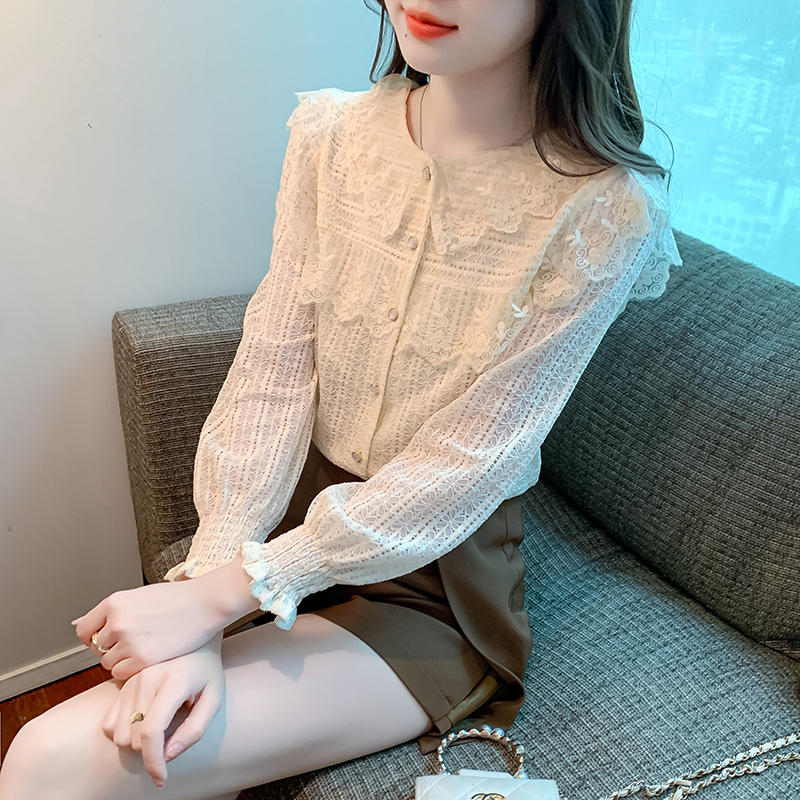 Long sleeve court style tops all-match lace shirt for women
