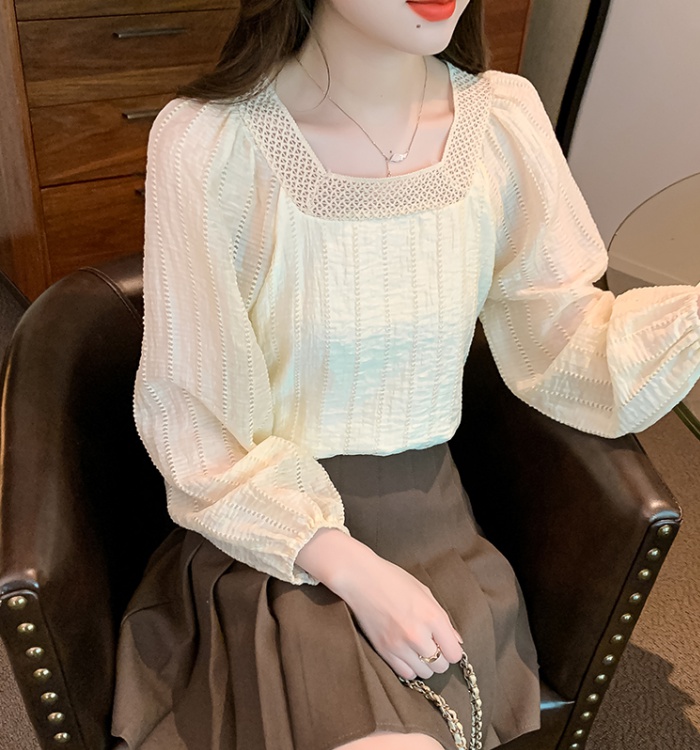 Loose splice shirts lace square collar tops for women
