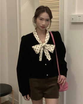 Retro black silk ladies Korean style polka dot shirt