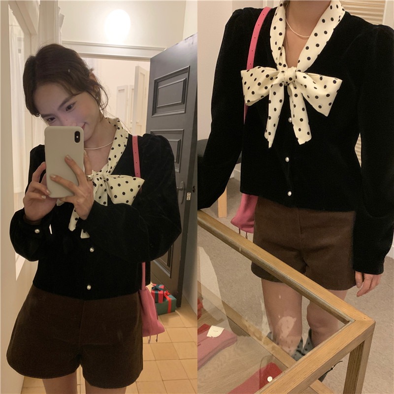 Retro black silk ladies Korean style polka dot shirt