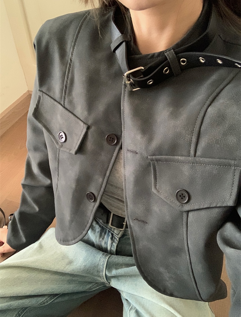Long sleeve retro bandage coat PU slim short leather coat