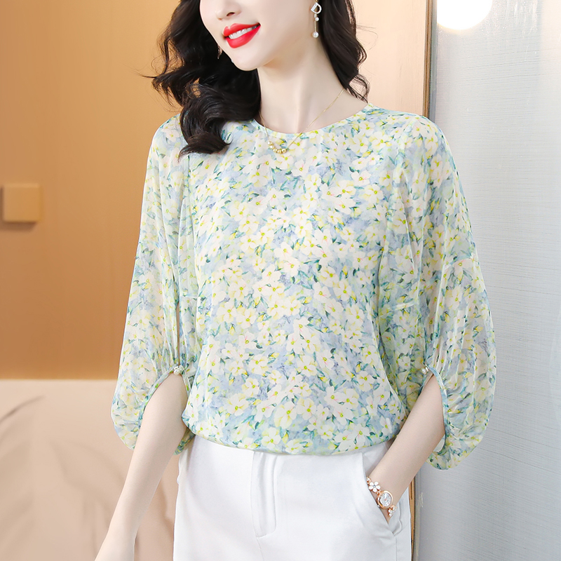 Real silk France style T-shirt silk floral tops for women