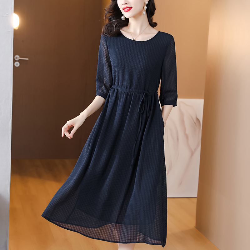 Pinched waist temperament navy blue dress for women