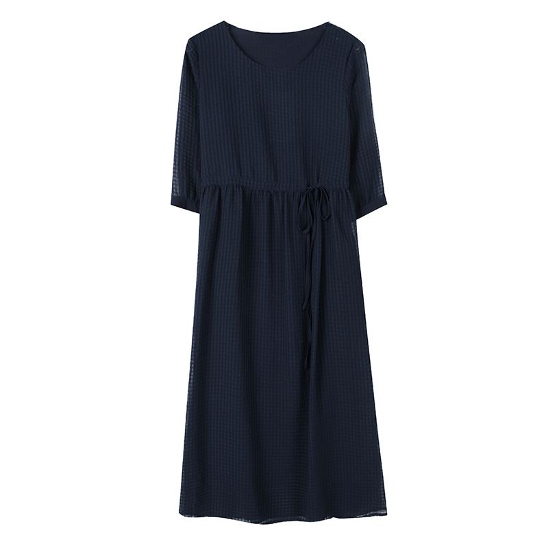 Pinched waist temperament navy blue dress for women