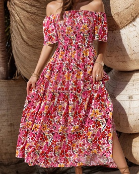 Summer European style flat shoulder dress for women