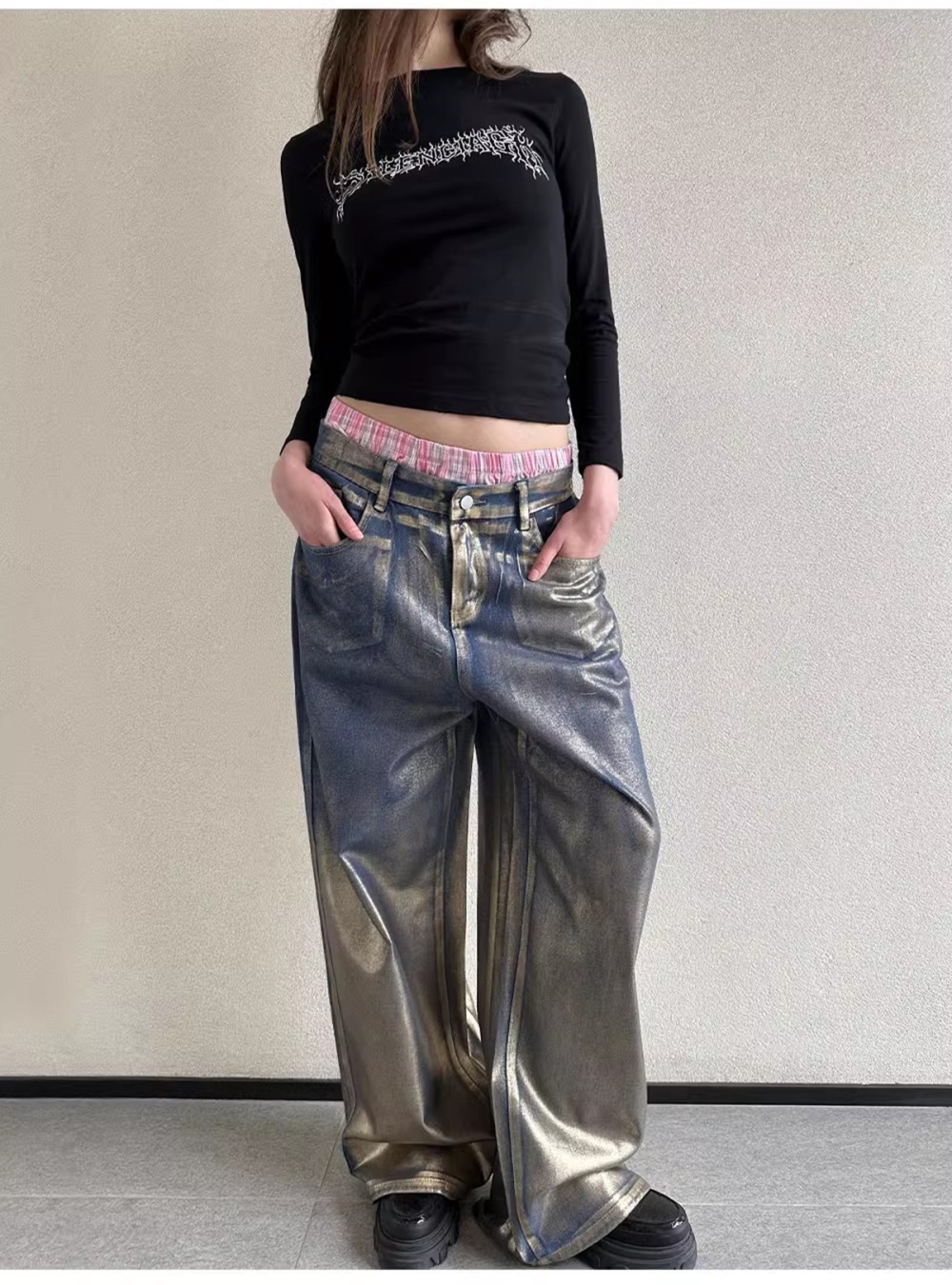 Slim niche coating jeans personality bronzing long pants