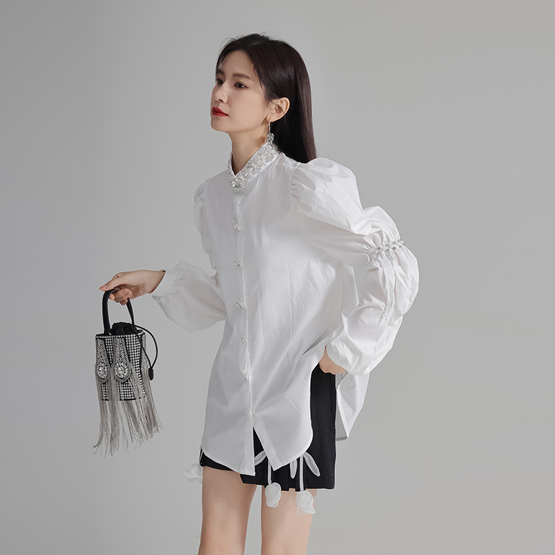 Puff sleeve loose long tops spring fold shirt for women