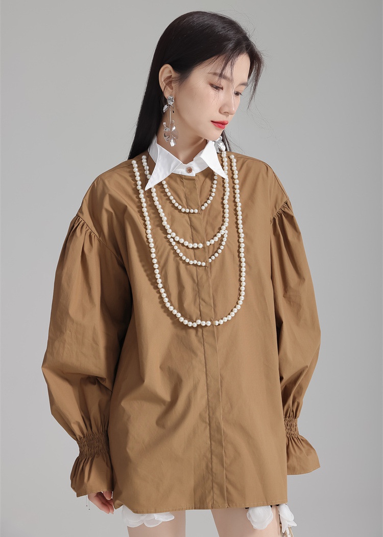 Unique pearl shirt double collar tops for women