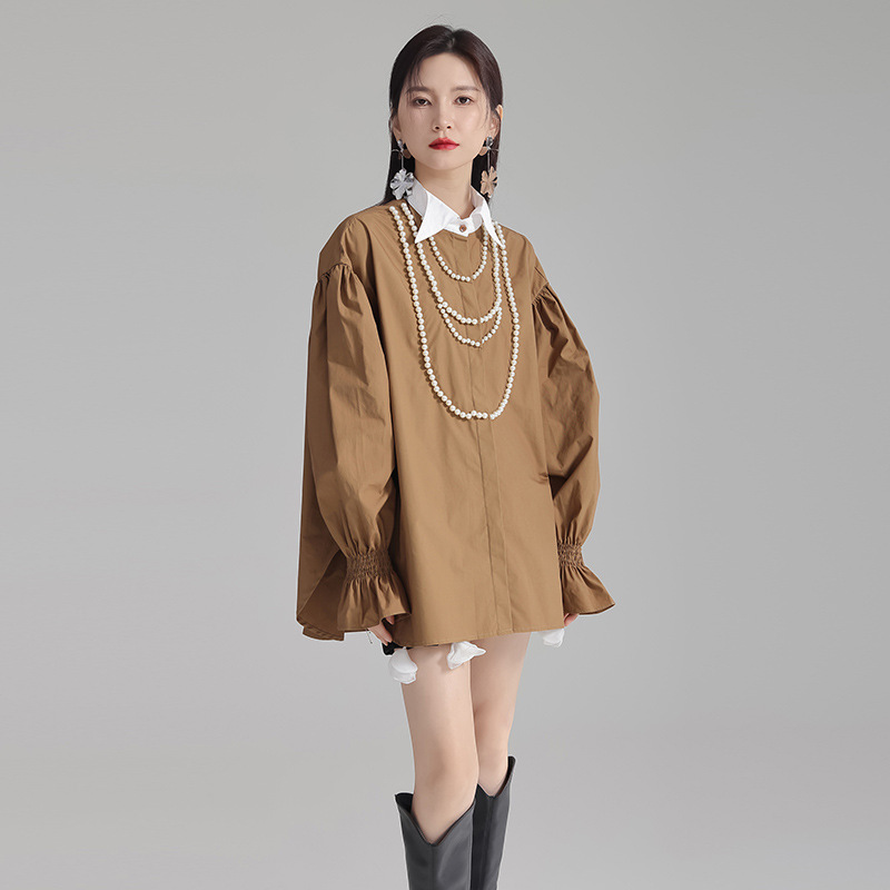 Unique pearl shirt double collar tops for women