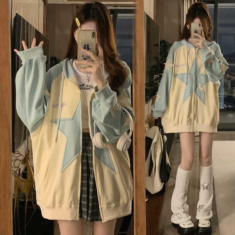 Japanese style patch cardigan stars coat for women