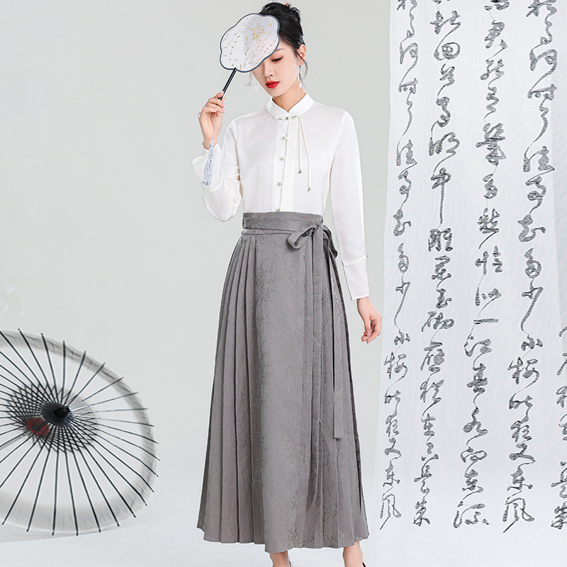 Chinese style commuting shirt jacquard skirt 2pcs set