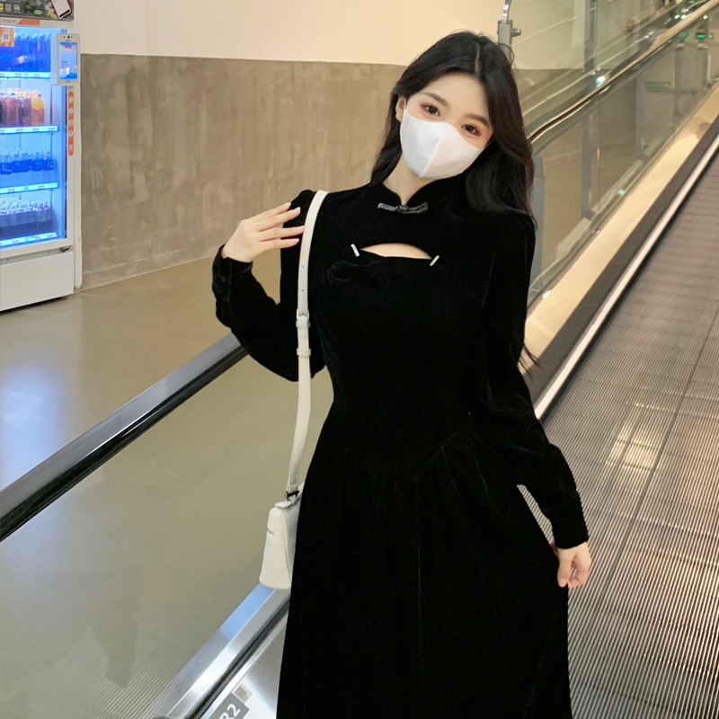 Chinese style long sleeve retro fat velvet slim dress