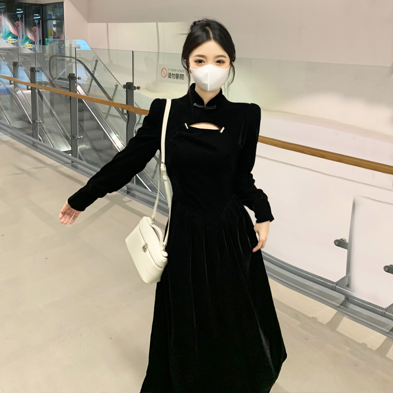 Chinese style long sleeve retro fat velvet slim dress