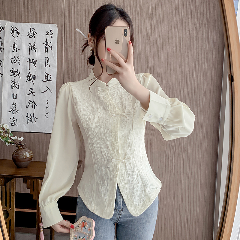 Retro stitching chiffon spring Chinese style jacquard shirt