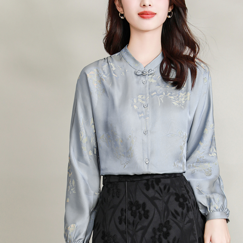 Spring real silk stand collar Chinese style tops for women