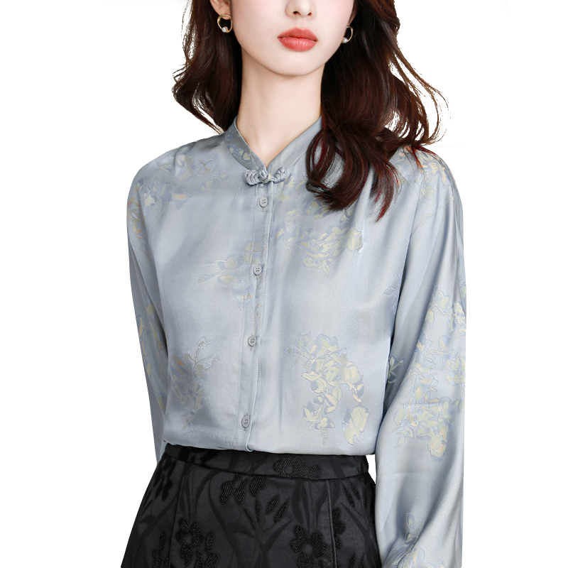 Spring real silk stand collar Chinese style tops for women