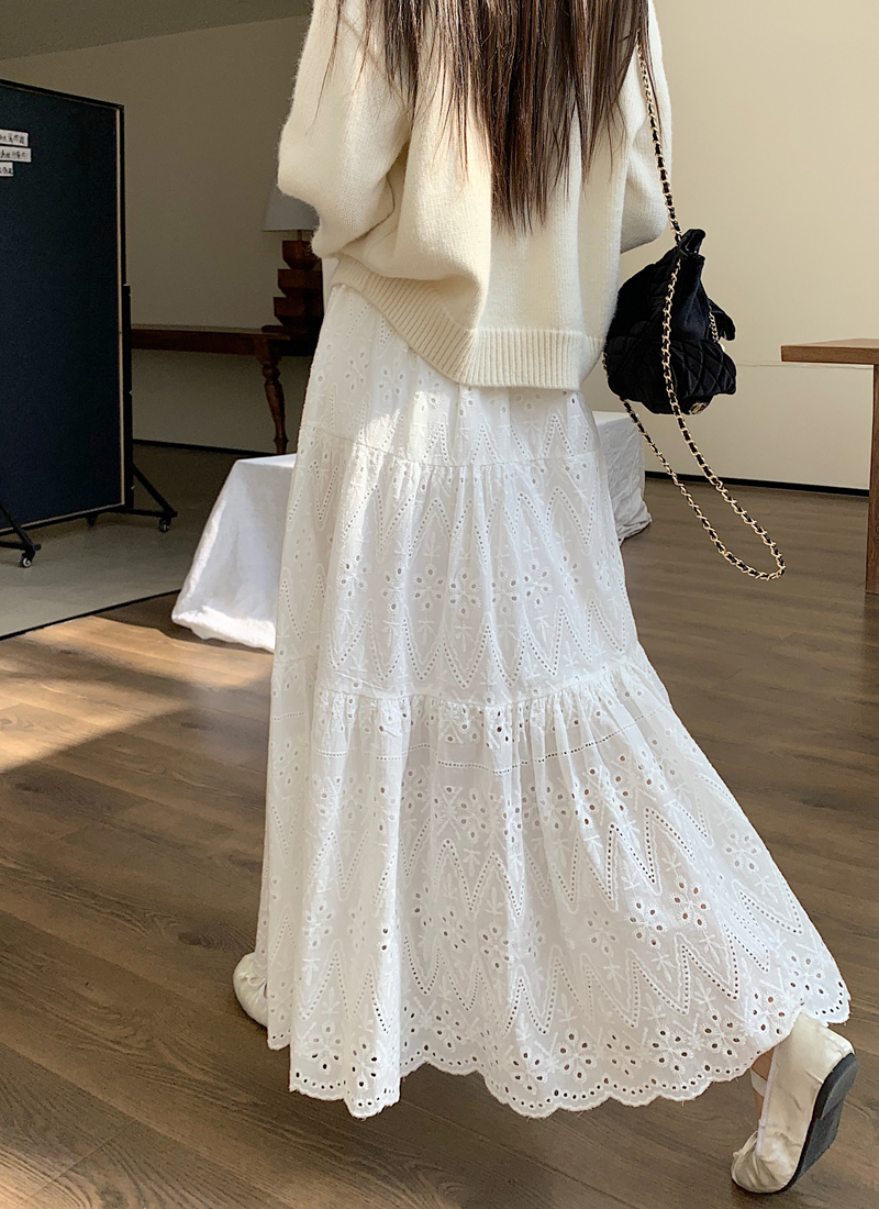 France style jacquard white spring long slim skirt