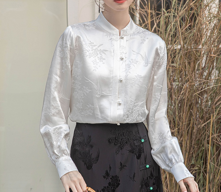White spring shirt cstand collar tops for women